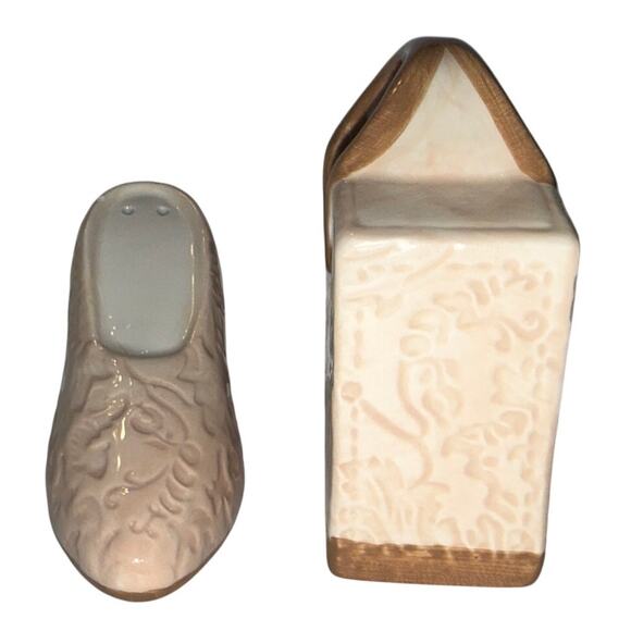 FIGI Damask Purse & Shoe Salt Pepper Shakers Blush Brown Ceramic Retro Style - Picture 5 of 8
